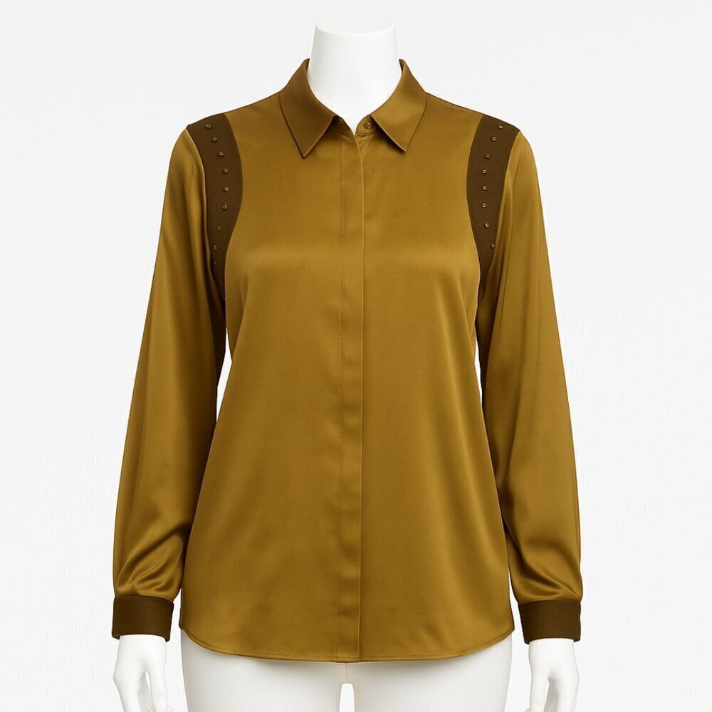 Adrienne Landau Quartz Womens Size 6 Button Down Beaded Blouse Ribbed Detail NEW